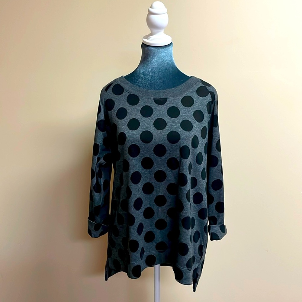 Coldwater Creek L Gray and Black Polka Dot 3/4 Sleeve Sweater